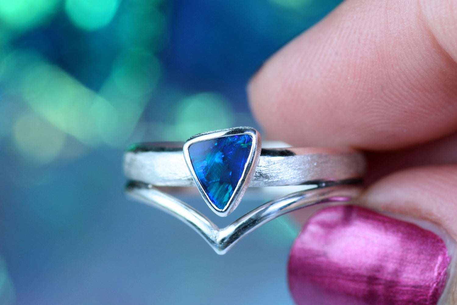 LUNA SERENA Boho silver ring with Australian opal · EU 58