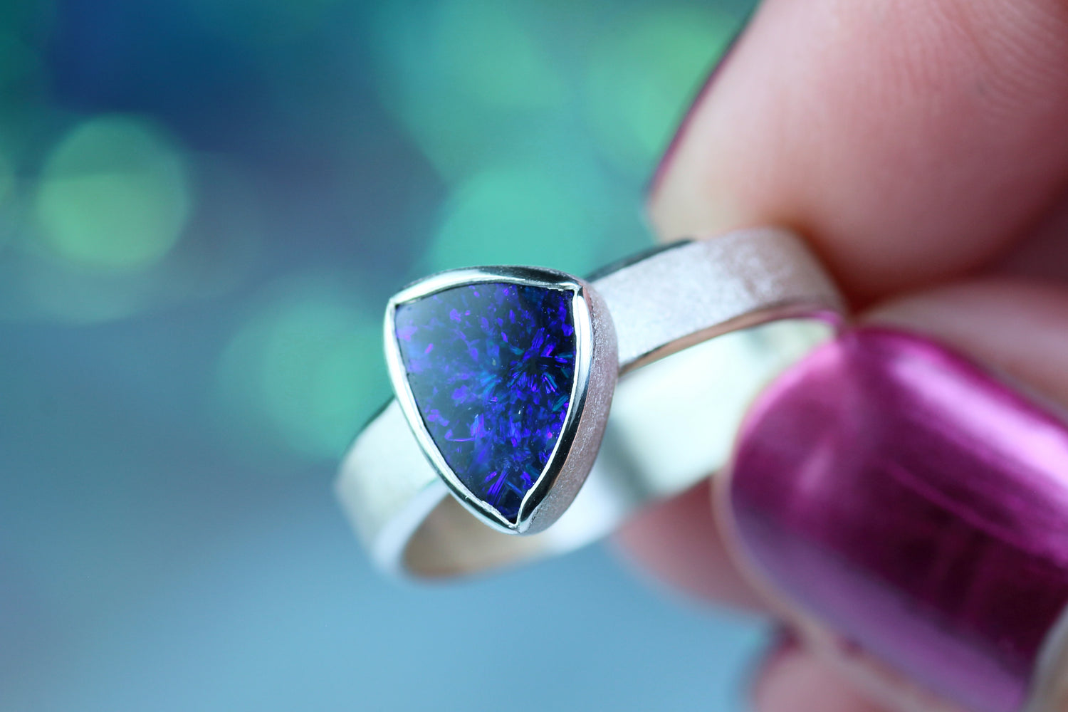 STELLA OSCURA Silver Ring with Australian Opal – Ring Size EU 57