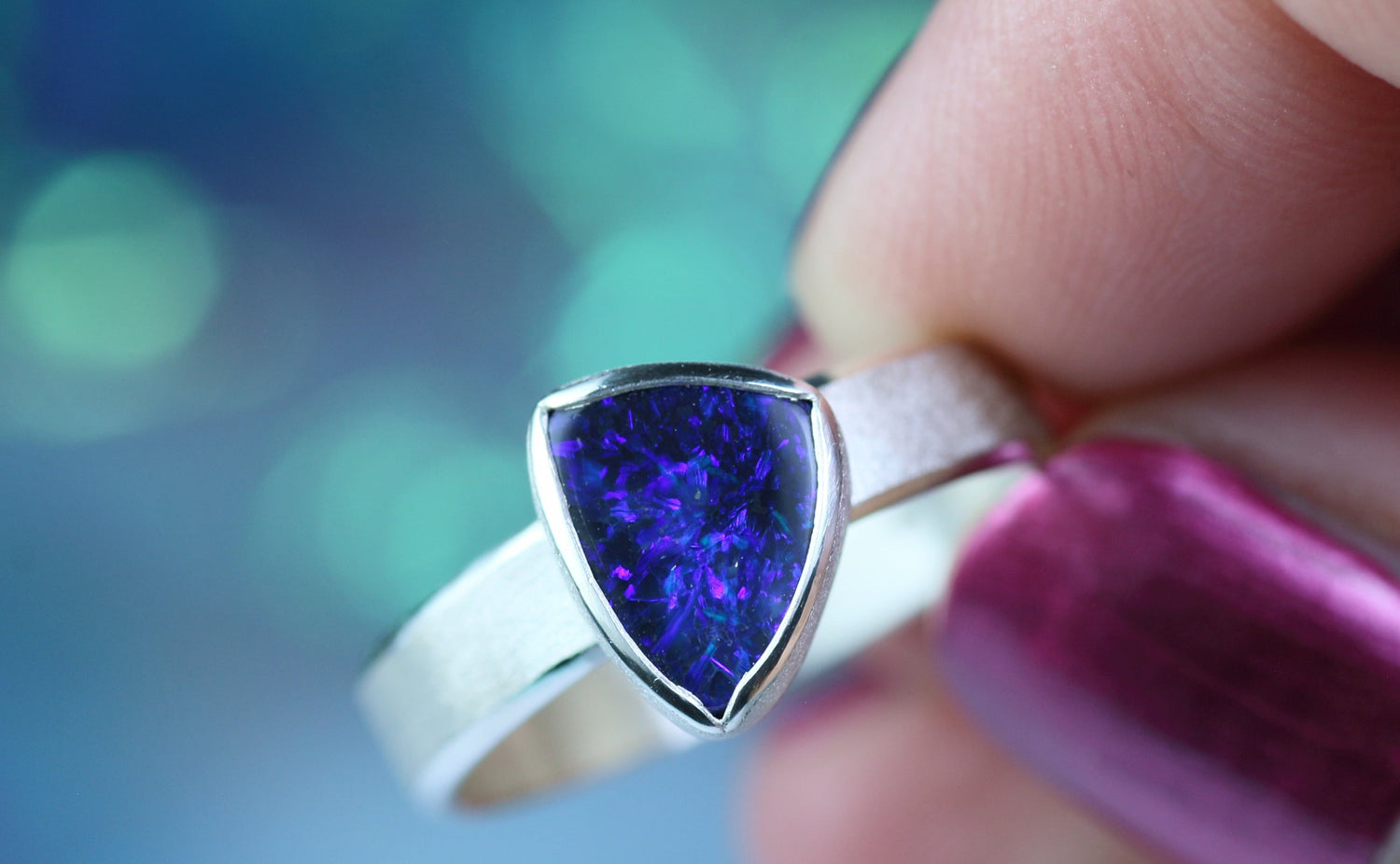 STELLA OSCURA Silver Ring with Australian Opal – Ring Size EU 57